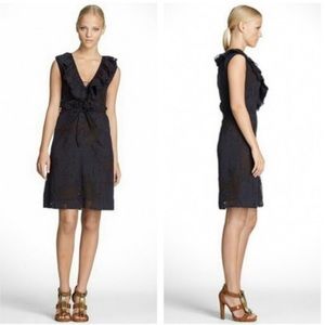 Tory Burch Lallie Silk Floral Ruffle Dress Navy Blue